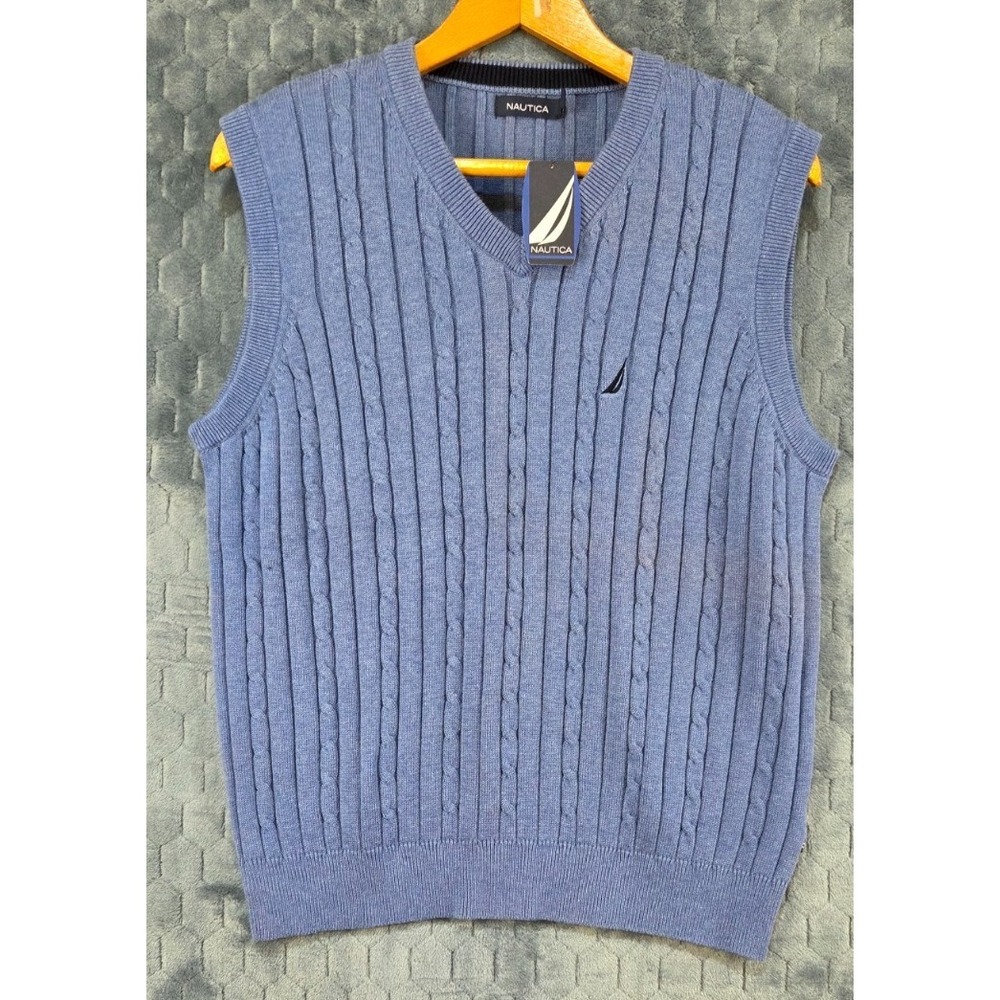 New With Tag L Men's Blue Nautica Vest Cotton V Neck L‎ Pullover Top